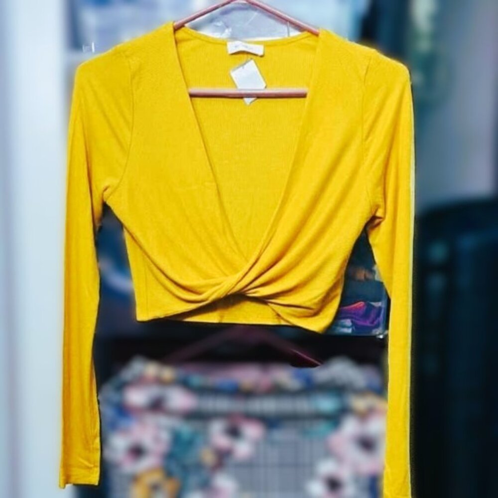 Brand New Mustard Yellow Long Sleeve Twist-Front Crop Top - Made in USA